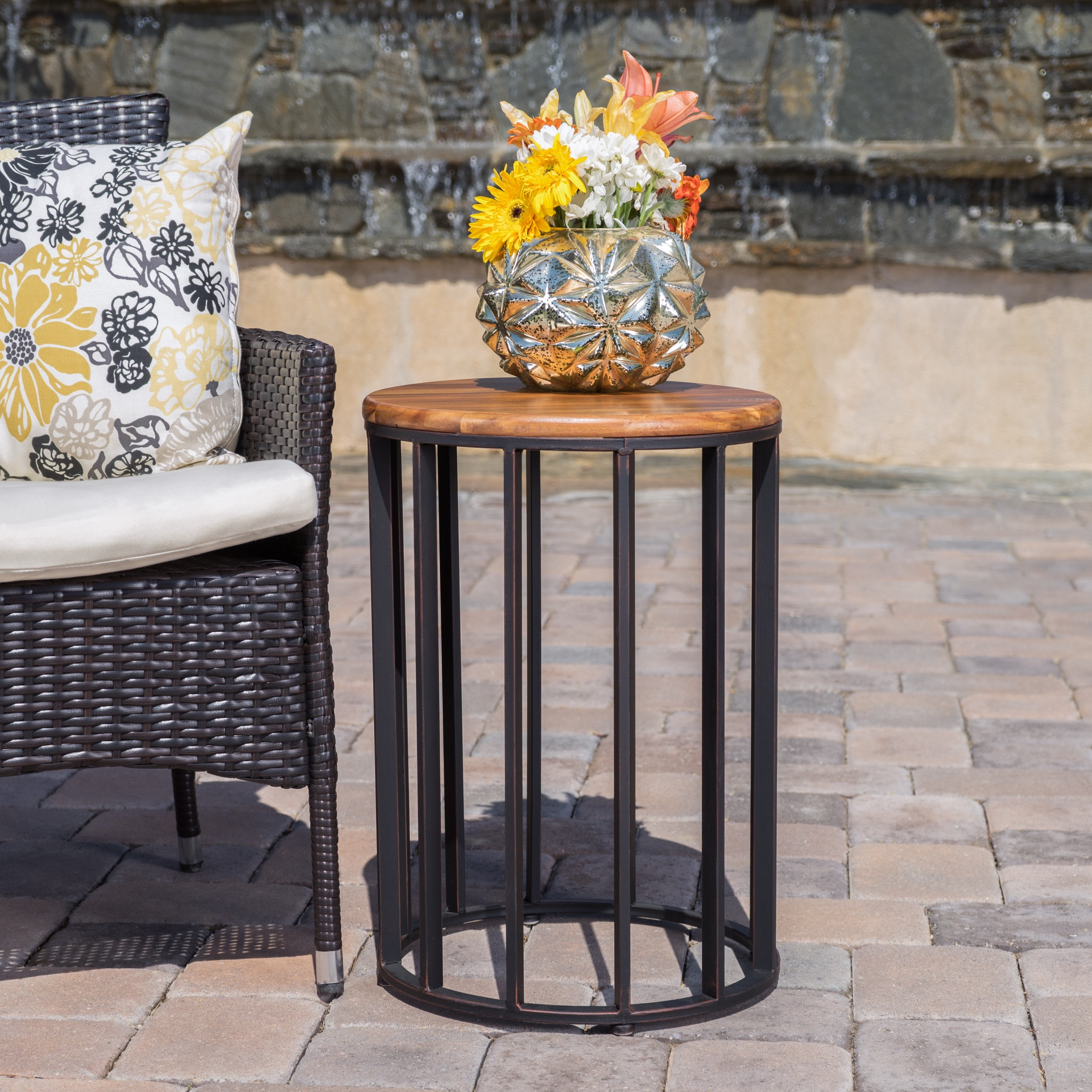 Occasional Tables within Koa Round All Weather And Acacia Outdoor Umbrella Side Table