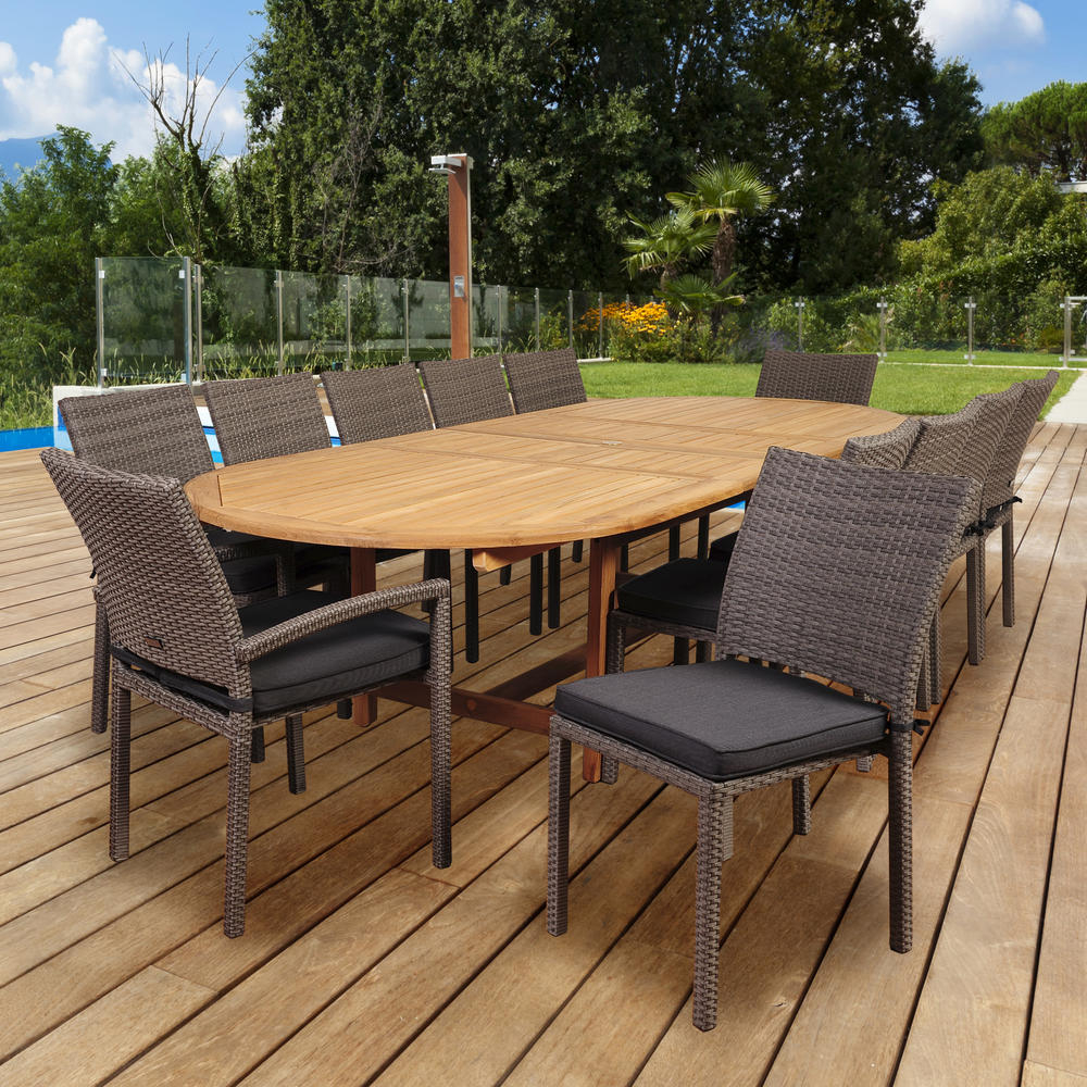 Amazonia Blacksmith 13 Piece Teak/Wicker Double Extendable Oval Patio Dining Set in Amazonia Highland Park 13-Piece Teak Double-Extendable Oval Dining Set