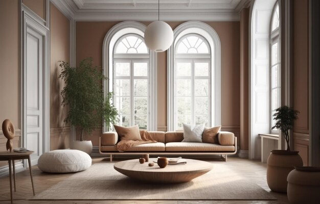 Premium Ai Image | Interior Design Of Aesthetic Living Room Interior ... pertaining to Natural Wood Arc Stand