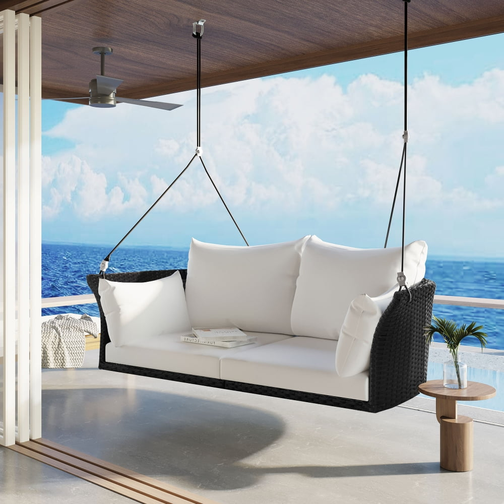 Wicker Rattan Outdoor Patio Swing Chair, 2-Person Hanging Seat, 51.9 ... in Leisuremod Wicker Hanging 2 Person Egg Swing Chair, Blue