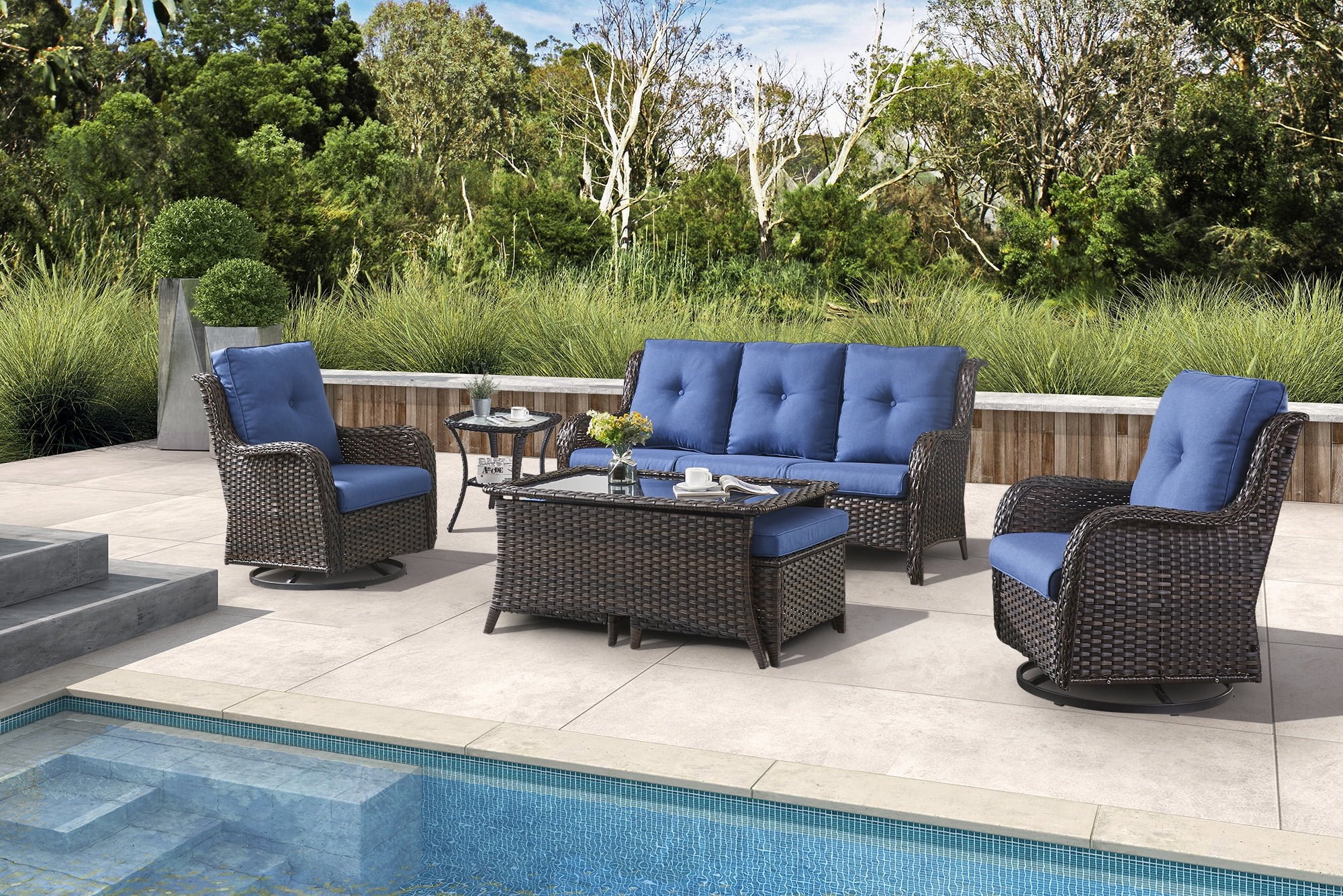 Parkwell 7Pcs Outdoor Wicker Rattan Conversation Patio Furniture Set ... within Beige Wicker Double Seat Patio Swing Chair