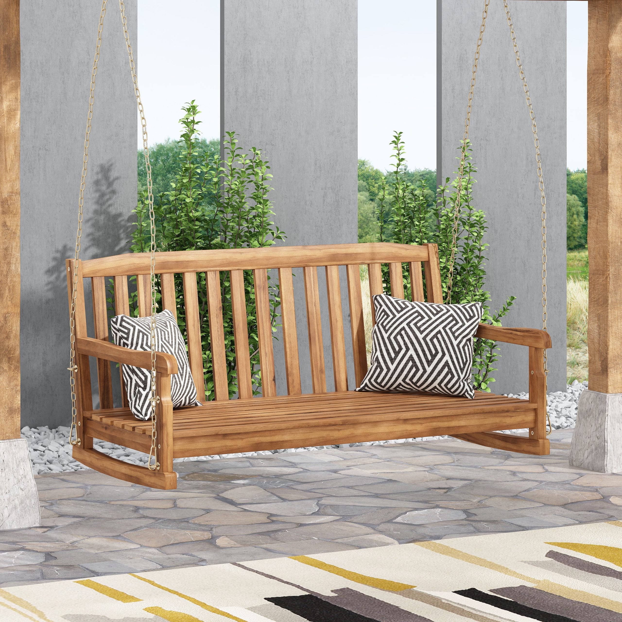 Pochelon Acacia Wood Outdoor Hanging Porch Swing, Teak - Walmart.com within Petes Outdoor Acacia Wood Hanging Porch Swing, Teak
