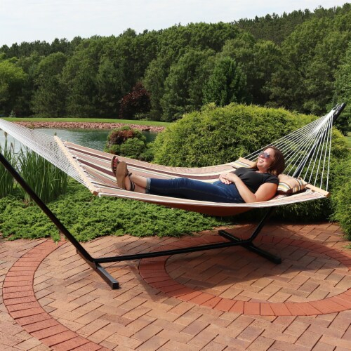 Sunnydaze 2-Person Quilted Fabric Hammock With Steel Stand - Sandy ... pertaining to Maximizing Outdoor Comfort with Padded Olefin Fabric Hammock and Steel Arc Stand Sets