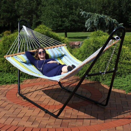 Sunnydaze 2-Person Quilted Hammock With Universal Steel Stand - Blue ... inside Sunnydaze Blue And Green Quilted 2-Person Hammock