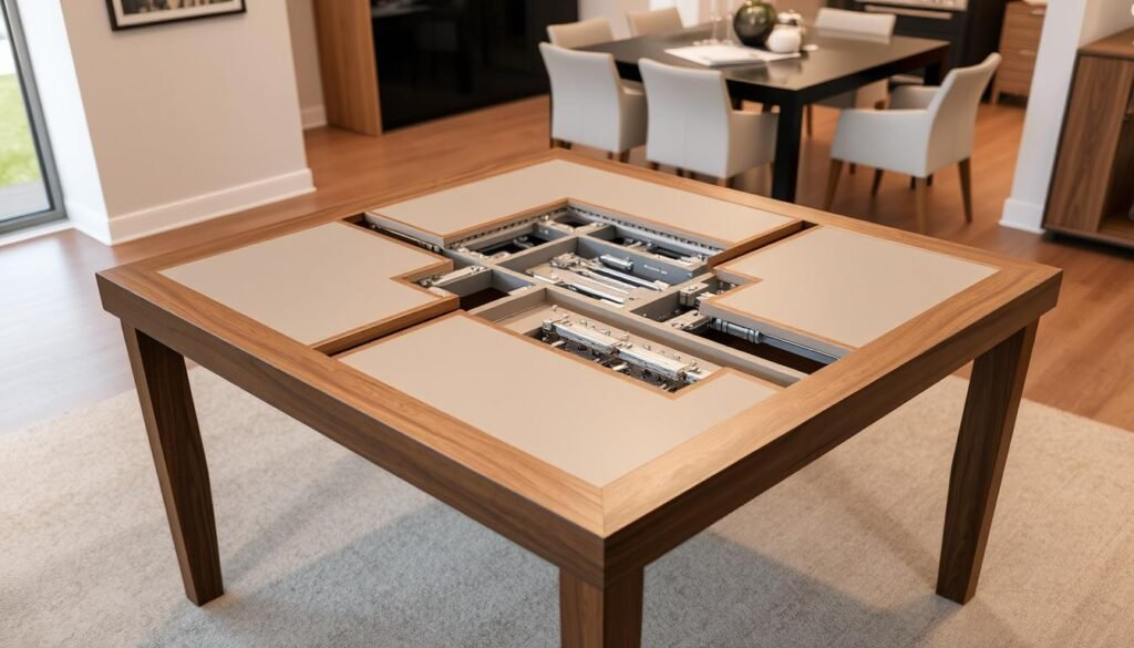 Rethinking square footage with clever extendable dining tables featuring built-in drawers
